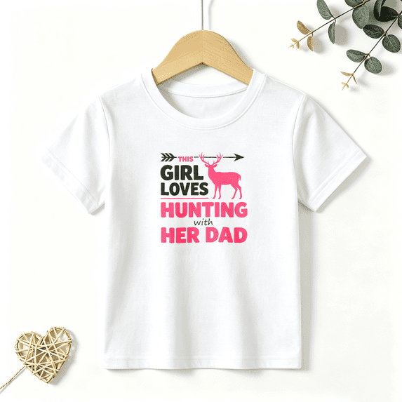 Girls Graphic Tees Hunting With Dad Deer Kids T Shirt Outdoor Fun 100% Cotton Short Sleeve Soft Tops 4-13Y