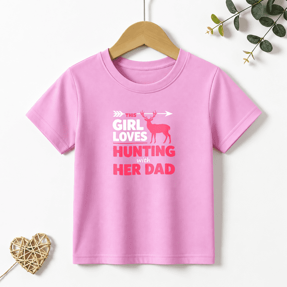 Girls Graphic Tees Hunting With Dad Deer Kids T Shirt Outdoor Fun 100% Cotton Short Sleeve Soft Tops 4-13Y