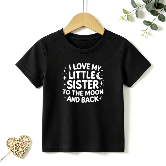 Girls Graphic Tees I Love My Little Sister Letter Print Kids T Shirt Family Love Graphic 100% Cotton Short Sleeve Soft Tops 4-13Y