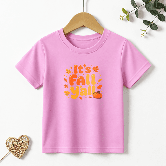 Girls Graphic Tees Its Fall Yall Pumpkin Leaves Kids T Shirt Autumn 100% Cotton Short Sleeve Soft Tops 4-13Y