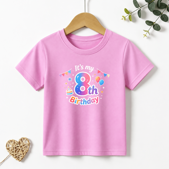 Girls Graphic Tees Its My 8th Birthday Kids T Shirt Crown Balloon Party 100% Cotton Short Sleeve Soft Tops 4-13Y