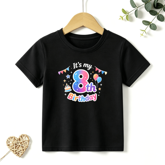 Girls Graphic Tees Its My 8th Birthday Kids T Shirt Crown Balloon Party 100% Cotton Short Sleeve Soft Tops 4-13Y