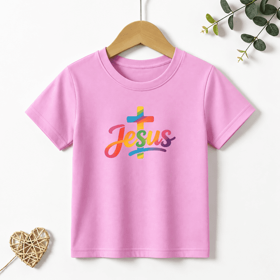 Girls Graphic Tees Jesus Cross Rainbow Kids T Shirt Christian Faith 100% Cotton Short Sleeve Soft Tops 4-13Y