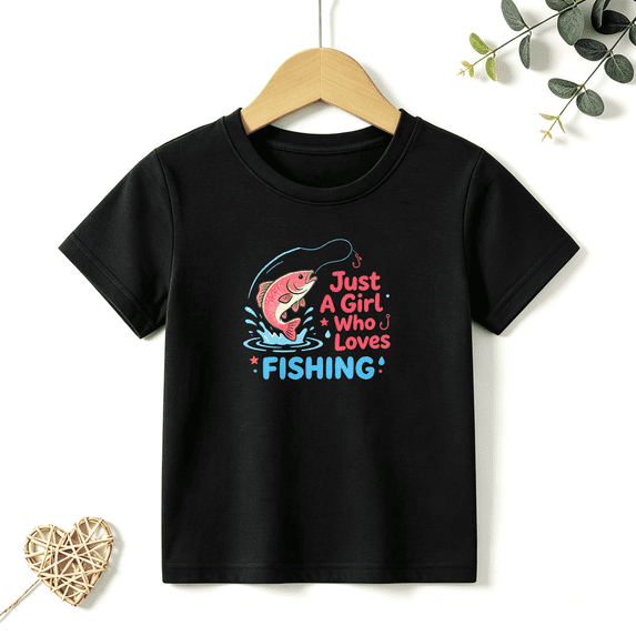 Girls Graphic Tees Just A Girl Who Loves Fishing Fish Cartoon Kids T Shirt Outdoor Tee 100% Cotton Short Sleeve Soft Tops 4-13Y