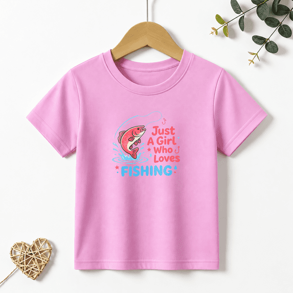 Girls Graphic Tees Just A Girl Who Loves Fishing Fish Cartoon Kids T Shirt Outdoor Tee 100% Cotton Short Sleeve Soft Tops 4-13Y