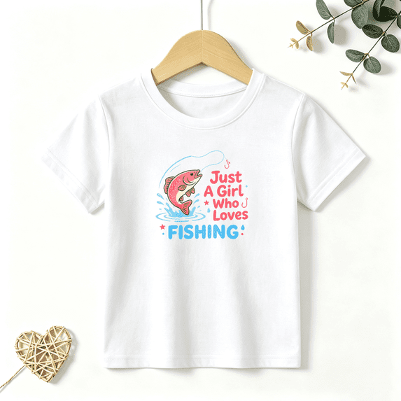 Girls Graphic Tees Just A Girl Who Loves Fishing Fish Cartoon Kids T Shirt Outdoor Tee 100% Cotton Short Sleeve Soft Tops 4-13Y