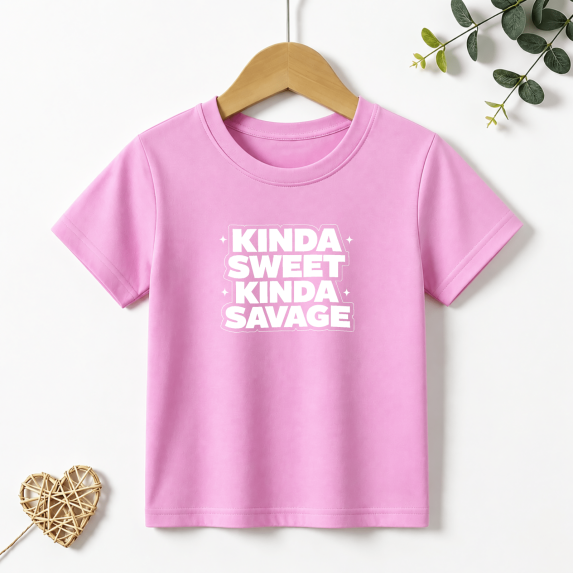 Girls Graphic Tees Kinda Sweet Kinda Savage Letter Print Kids T Shirt Trendy Casual Tee 100% Cotton Short Sleeve Soft Tops 4-13Y