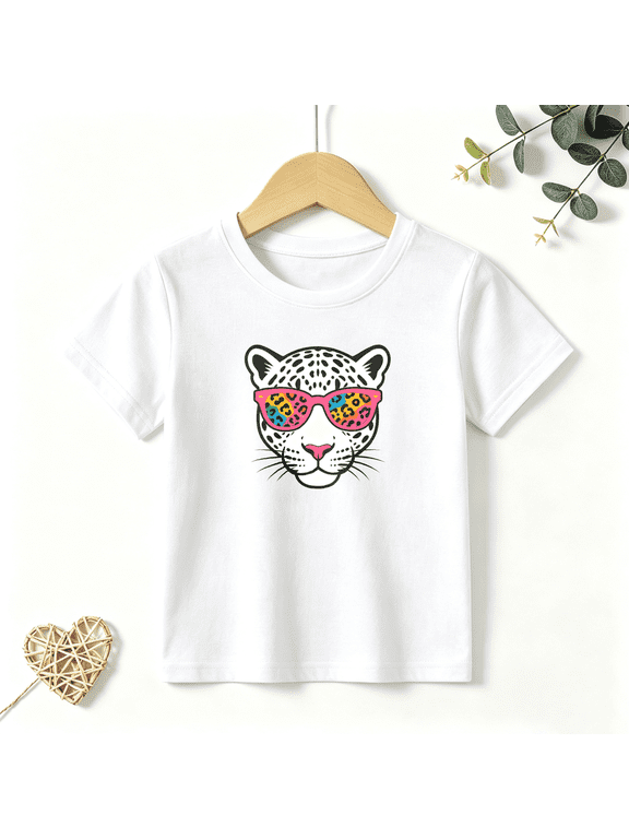 Girls Graphic Tees Leopard Face Sunglasses Kids T Shirt Cool Animal 100% Cotton Short Sleeve Soft Tops 4-13Y