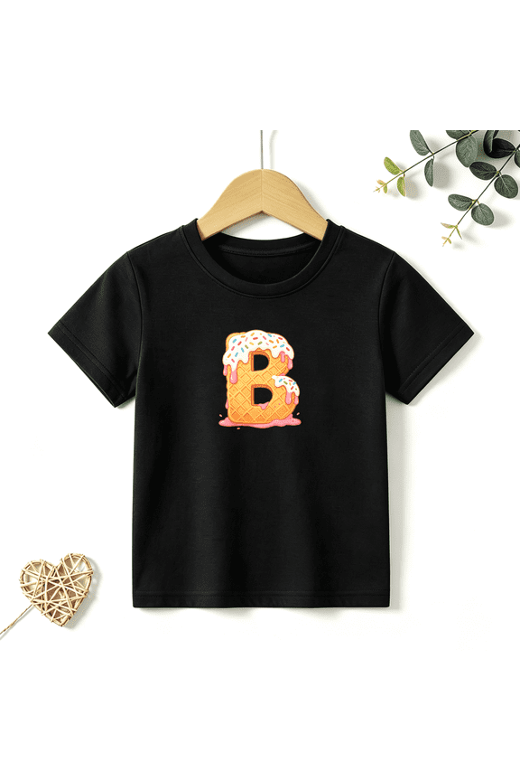 Girls Graphic Tees Letter B Waffle Kids T Shirt Cute Monogram 100% Cotton Short Sleeve Soft Tops 4-13Y