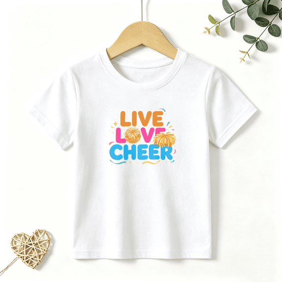 Girls Graphic Tees Live Love Cheer Pom Pom Letter Print Kids T Shirt Cheerleading Tee 100% Cotton Short Sleeve Soft Tops 4-13Y