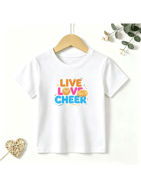 Girls Graphic Tees Live Love Cheer Pom Pom Letter Print Kids T Shirt Cheerleading Tee 100% Cotton Short Sleeve Soft Tops 4-13Y
