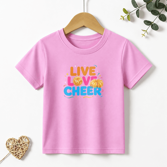 Girls Graphic Tees Live Love Cheer Pom Pom Letter Print Kids T Shirt Cheerleading Tee 100% Cotton Short Sleeve Soft Tops 4-13Y