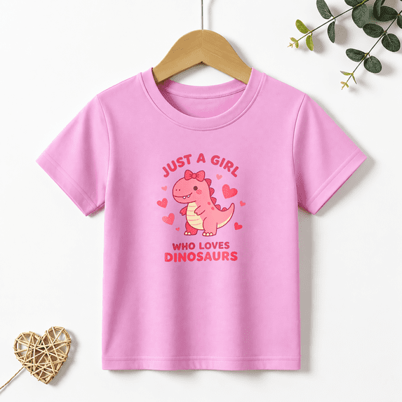 Girls Graphic Tees Loves Dinosaurs Kids T Shirt Cute Pink Dino 100% Cotton Short Sleeve Soft Tops 4-13Y
