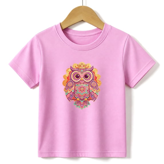 Girls Graphic Tees Mandala Owl Kids T Shirt Cute Boho Floral 100% Cotton Short Sleeve Soft Tops 4-13Y Pink