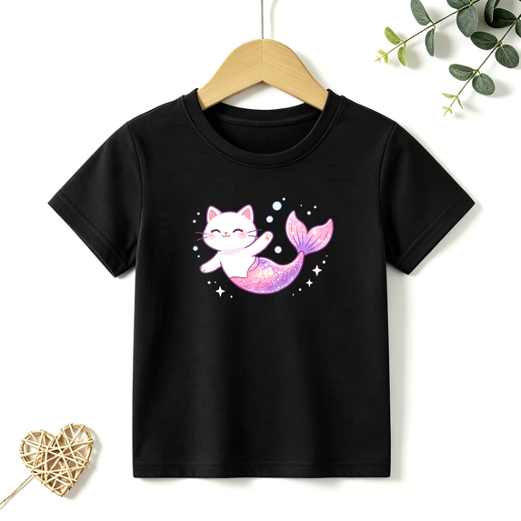 Girls Graphic Tees Mermaid Cat Purrmaid Kids T Shirt Cute Ocean 100% Cotton Short Sleeve Soft Tops 4-13Y