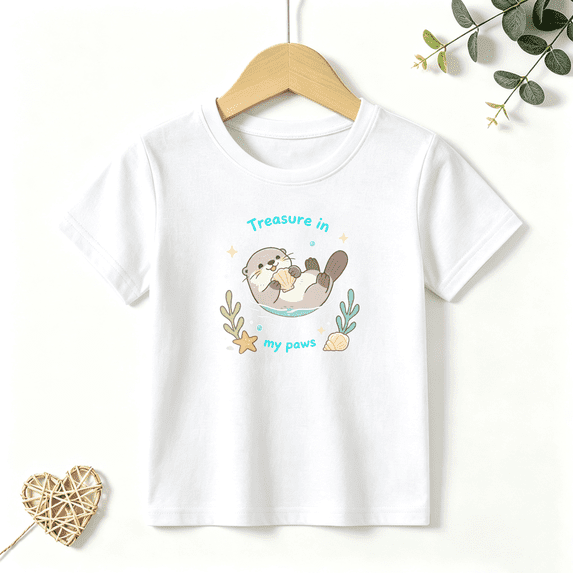 Girls Graphic Tees Otter Treasure In My Paws Cartoon Kids T Shirt Ocean Cute Tee 100% Cotton Short Sleeve Soft Tops 4-13Y