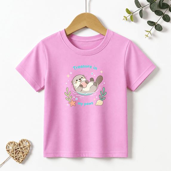 Girls Graphic Tees Otter Treasure In My Paws Cartoon Kids T Shirt Ocean Cute Tee 100% Cotton Short Sleeve Soft Tops 4-13Y