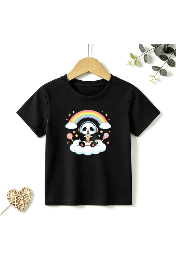 Girls Graphic Tees Panda Boba Cloud Rainbow Kids T Shirt Cute 100% Cotton Short Sleeve Soft Tops 4-13Y