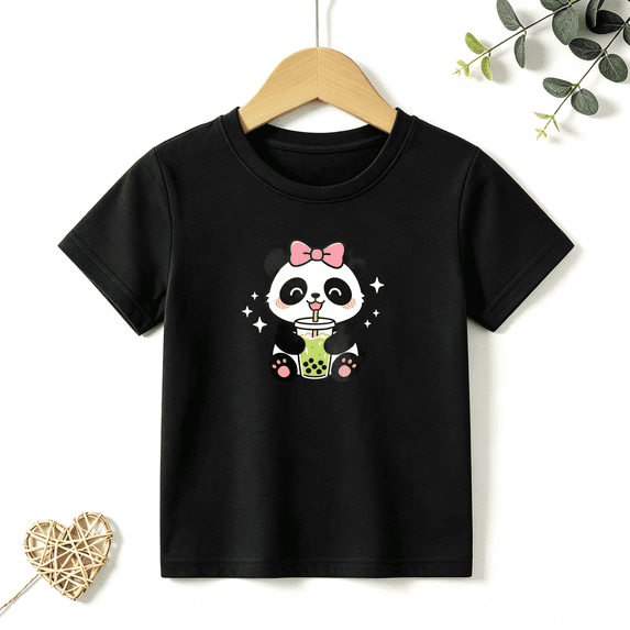 Girls Graphic Tees Panda Drinking Boba Tea Kids T Shirt Cute Pet 100% Cotton Short Sleeve Soft Tops 4-13Y