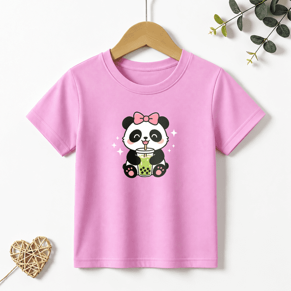 Girls Graphic Tees Panda Drinking Boba Tea Kids T Shirt Cute Pet 100% Cotton Short Sleeve Soft Tops 4-13Y