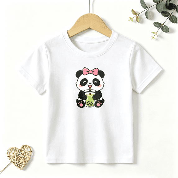 Girls Graphic Tees Panda Drinking Boba Tea Kids T Shirt Cute Pet 100% Cotton Short Sleeve Soft Tops 4-13Y