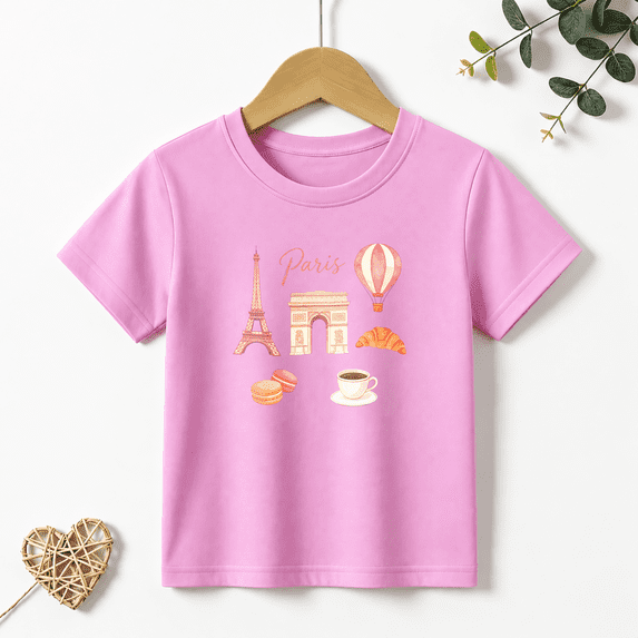 Girls Graphic Tees Paris Kids T Shirt Cute Travel France 100% Cotton Short Sleeve Soft Tops 4-13Y