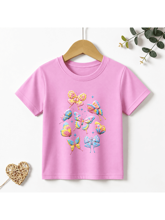 Girls Graphic Tees Pastel Butterflies Kids T Shirt Cute Floral 100% Cotton Short Sleeve Soft Tops 4-13Y