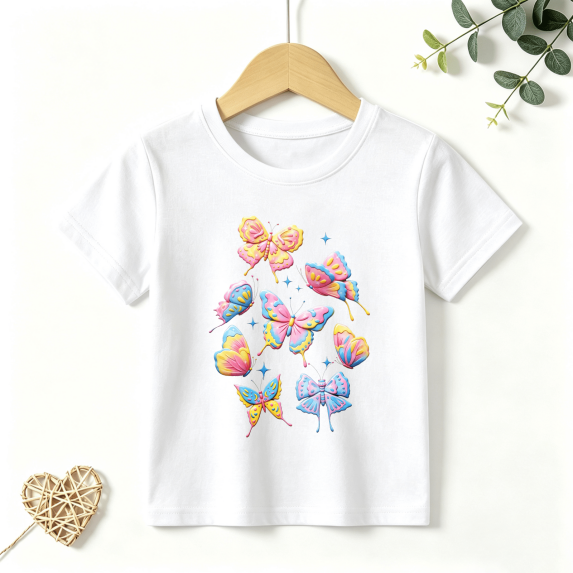 Girls Graphic Tees Pastel Butterflies Kids T Shirt Cute Floral 100% Cotton Short Sleeve Soft Tops 4-13Y
