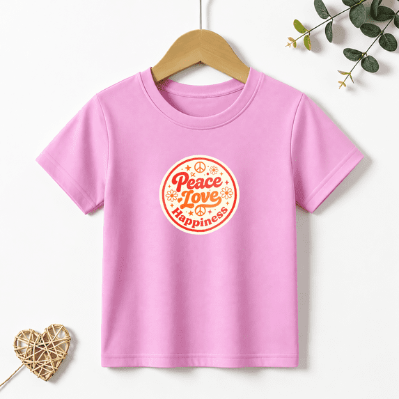 Girls Graphic Tees Peace Love Happiness Kids T Shirt 70s Hippie 100% Cotton Short Sleeve Soft Tops 4-13Y