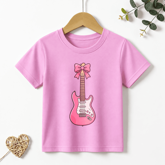 Girls Graphic Tees Pink Electric Guitar Bow Kids T Shirt Cute Rock 100% Cotton Short Sleeve Soft Tops 4-13Y