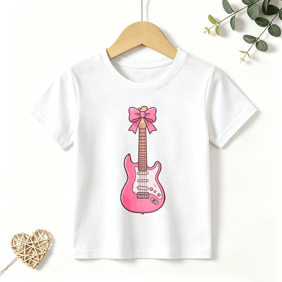 Girls Graphic Tees Pink Electric Guitar Bow Kids T Shirt Cute Rock 100% Cotton Short Sleeve Soft Tops 4-13Y