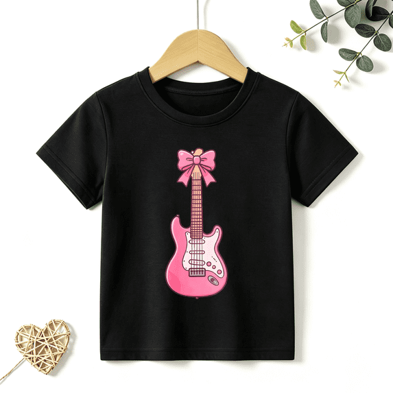 Girls Graphic Tees Pink Electric Guitar Bow Kids T Shirt Cute Rock 100% Cotton Short Sleeve Soft Tops 4-13Y