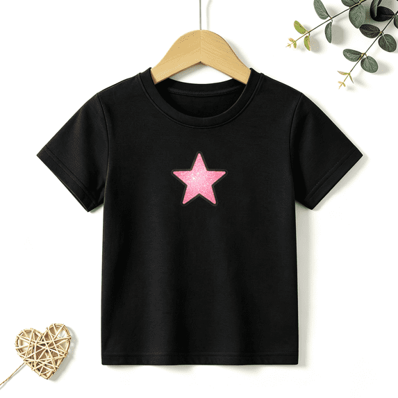 Girls Graphic Tees Pink Glitter Star Kids T Shirt Cute Sweet 100% Cotton Short Sleeve Soft Tops 4-13Y