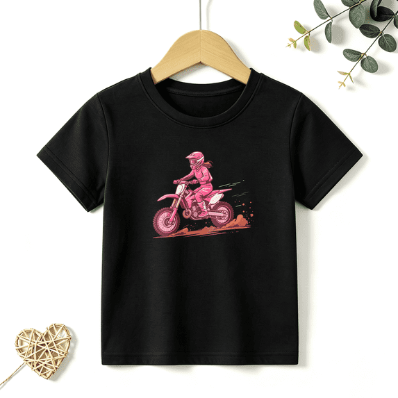 Girls Graphic Tees Pink Motocross Rider Cartoon Kids T Shirt Dirt Bike Sport Tee 100% Cotton Short Sleeve Soft Tops 4-13Y