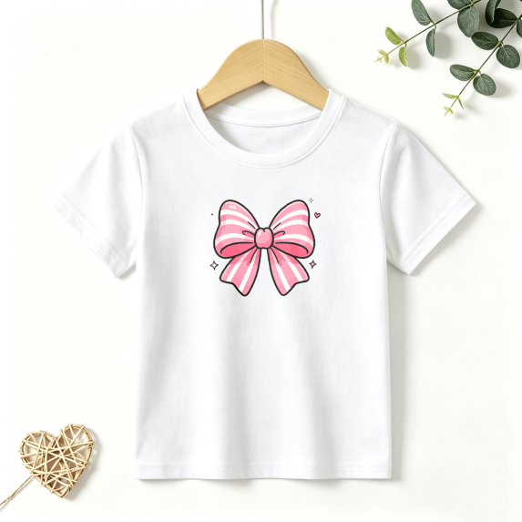 Girls Graphic Tees Pink Ribbon Bow Kids T Shirt Cute Sweet 100% Cotton Short Sleeve Soft Tops 4-13Y