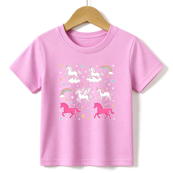 Girls Graphic Tees Pink Unicorn Kids T Shirt Cute Magic Fairy 100% Cotton Short Sleeve Soft Tops 4-13Y Pink