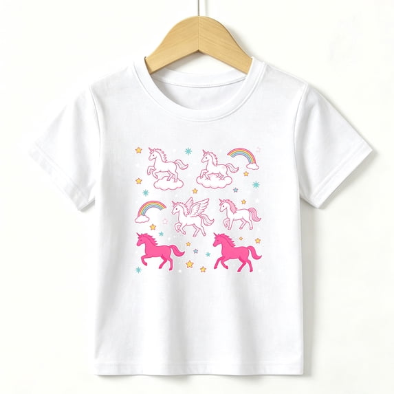Girls Graphic Tees Pink Unicorn Kids T Shirt Cute Magic Fairy 100% Cotton Short Sleeve Soft Tops 4-13Y White