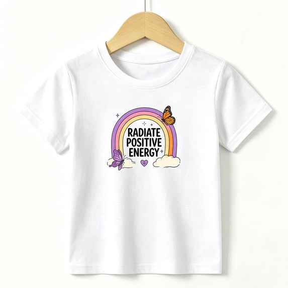 Girls Graphic Tees Positive Energy Kids T Shirt Rainbow Butterfly 100% Cotton Short Sleeve Soft Tops 4-13Y White