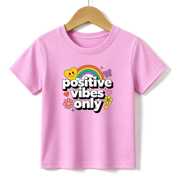 Girls Graphic Tees Positive Vibes Kids T Shirt Rainbow Cute Daily 100% Cotton Short Sleeve Soft Tops 4-13Y Pink