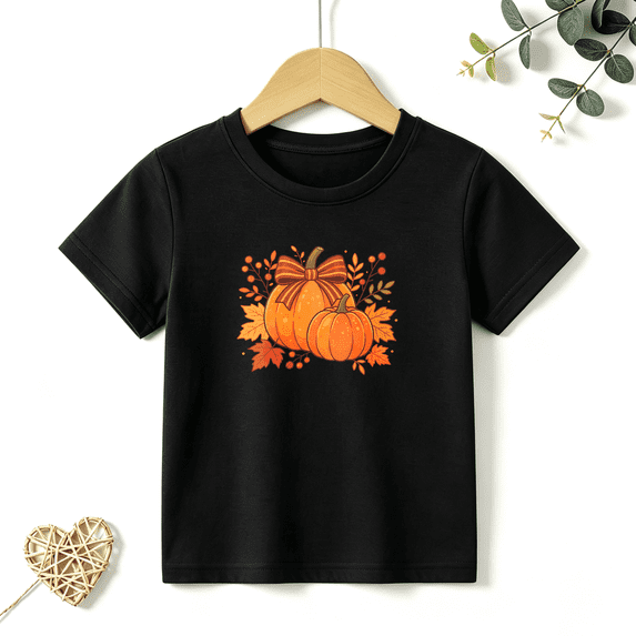 Girls Graphic Tees Pumpkin Bow Fall Leaves Kids T Shirt Thanksgiving 100% Cotton Short Sleeve Soft Tops 4-13Y