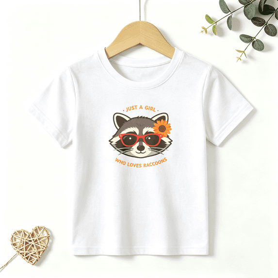 Girls Graphic Tees Raccoon Sunglasses Kids T Shirt Cute Animal 100% Cotton Short Sleeve Soft Tops 4-13Y