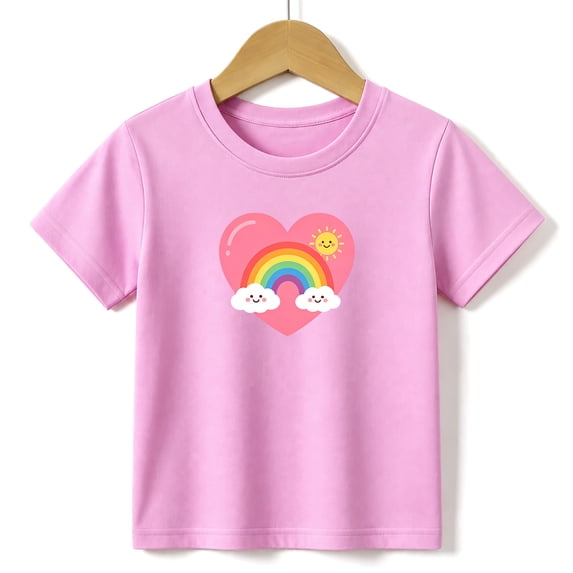 Girls Graphic Tees Rainbow Sunshine Heart Kids T Shirt Cute 100% Cotton Short Sleeve Soft Tops 4-13Y Pink