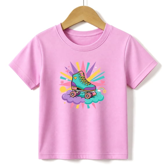 Girls Graphic Tees Roller Skate Kids T Shirt Retro Disco 100% Cotton Short Sleeve Soft Tops 4-13Y Pink