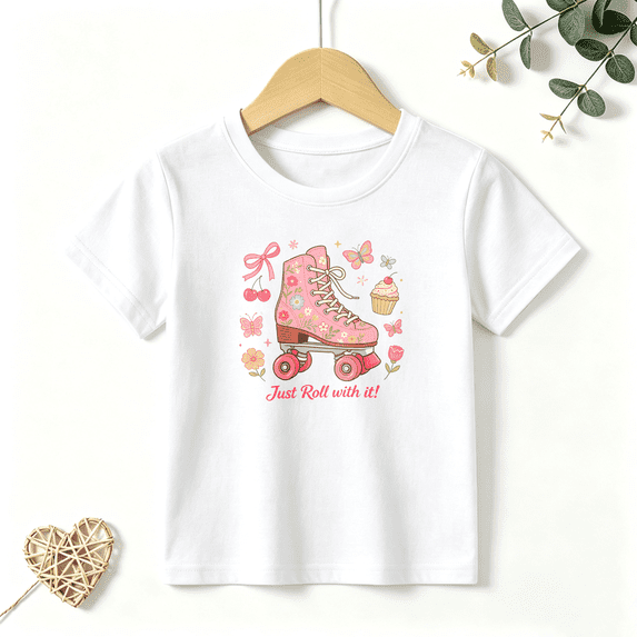 Girls Graphic Tees Roller Skate Kids T Shirt Retro Floral 100% Cotton Short Sleeve Soft Tops 4-13Y