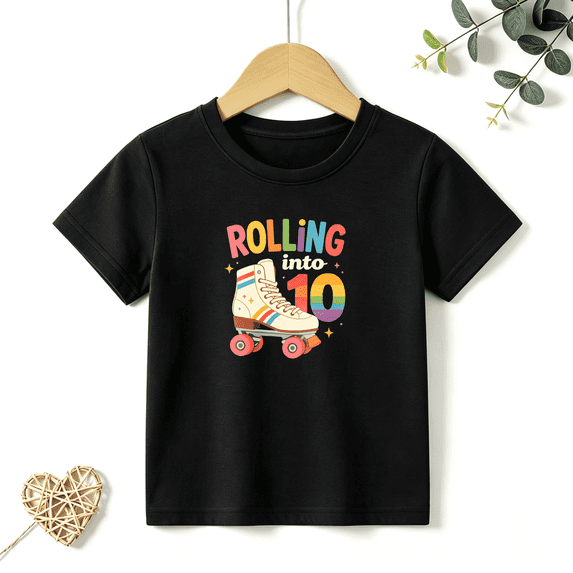 Girls Graphic Tees Rolling Into 10 Roller Skate Print Kids T Shirt 10th Birthday Tee 100% Cotton Short Sleeve Soft Tops 4-13Y