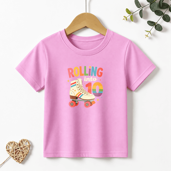 Girls Graphic Tees Rolling Into 10 Roller Skate Print Kids T Shirt 10th Birthday Tee 100% Cotton Short Sleeve Soft Tops 4-13Y