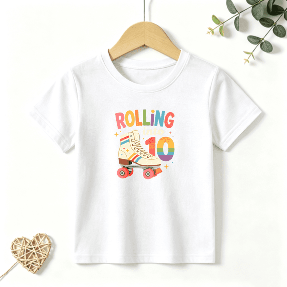 Girls Graphic Tees Rolling Into 10 Roller Skate Print Kids T Shirt 10th Birthday Tee 100% Cotton Short Sleeve Soft Tops 4-13Y