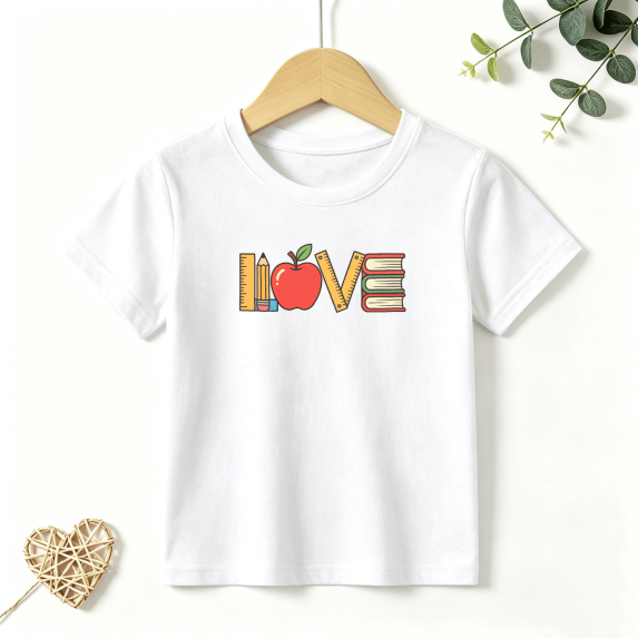 Girls Graphic Tees School Love Apple Kids T Shirt Teacher Cute 100% Cotton Short Sleeve Soft Tops 4-13Y