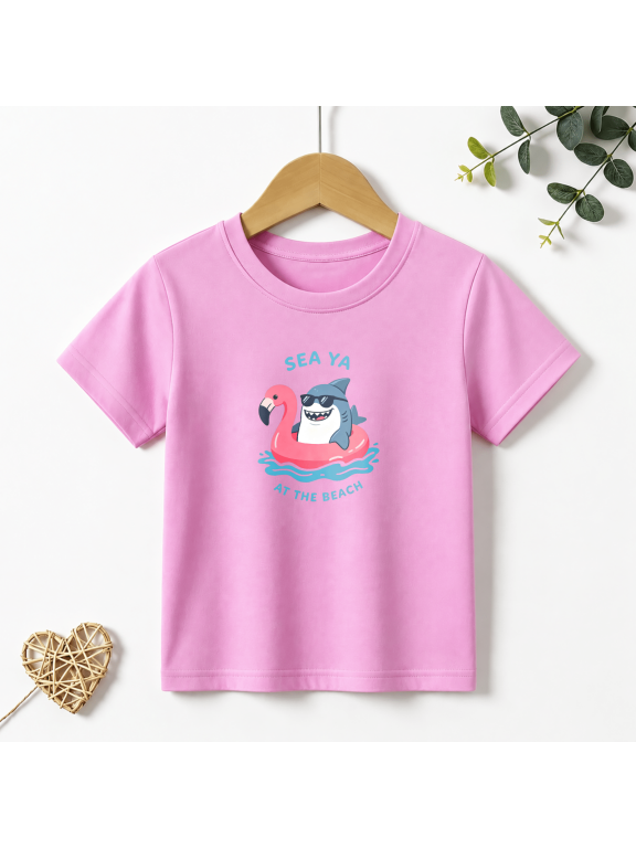 Girls Graphic Tees Shark Sea Ya At The Beach Kids T Shirt Summer 100% Cotton Short Sleeve Soft Tops 4-13Y