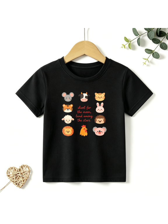 Girls Graphic Tees Shoot For Moon Animals Kids T Shirt Cute 100% Cotton Short Sleeve Soft Tops 4-13Y